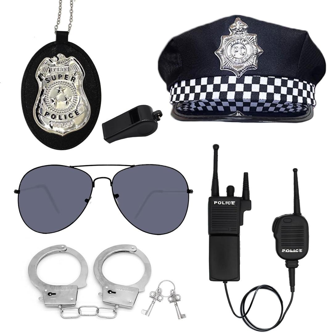 Police Accessories Kit Police Pretend Play Toys Set Hat Handcuffs Officer Costume for Halloween costume Accessories (Black)