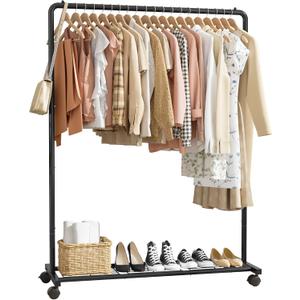 Clothes Rack - Clothing Rack with Storage Mesh Shelf & Casters, Heavy-Duty Metal Clothing Rack for Hanging Clothes, Dresses, Coats, Large Load Capacity, Easy Assembly, Black, 44.3"x16.9"x59.0"