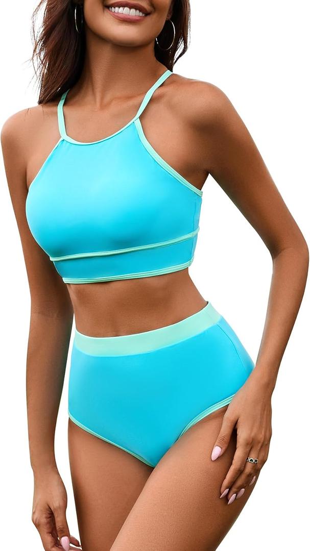 Zando High Neck Swimsuits for Women 2025 Color Block Modest 2 Piece Bikini Set High Waisted Tummy Control Bathing Suit (Large, Blue & Green Splicing)