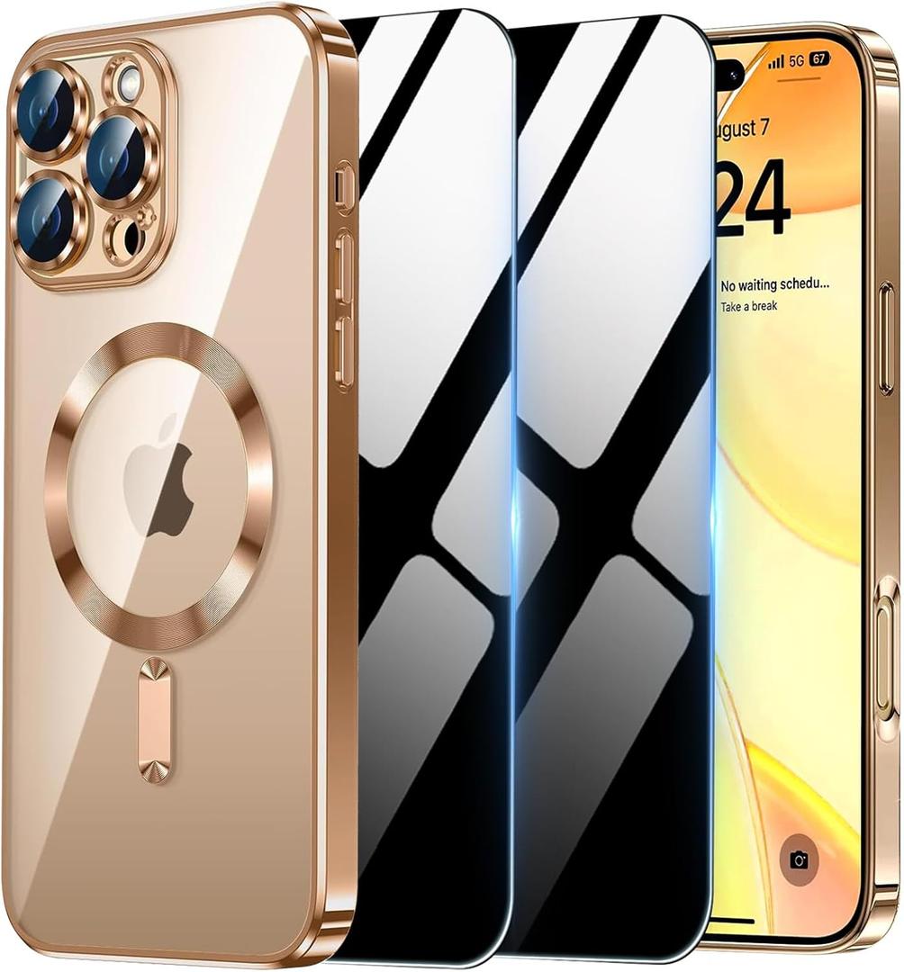 Magnetic Case for iPhone 15 Pro Max with 2 Privacy Screen Protector & Camera Cover [Compatible with MagSafe],Non-Yellowing Plating Glossy Shockproof Phone Case for iPhone 15 ProMax,Gold