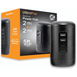 GE USB Desktop Charging Station, 30W 5ft 2 C Ports, 2 A Ports, Multiport Charging, Desktop Charger for iPhone 16 Series, 15 Series, iPad Pro, Smart Watch, Black, 82583