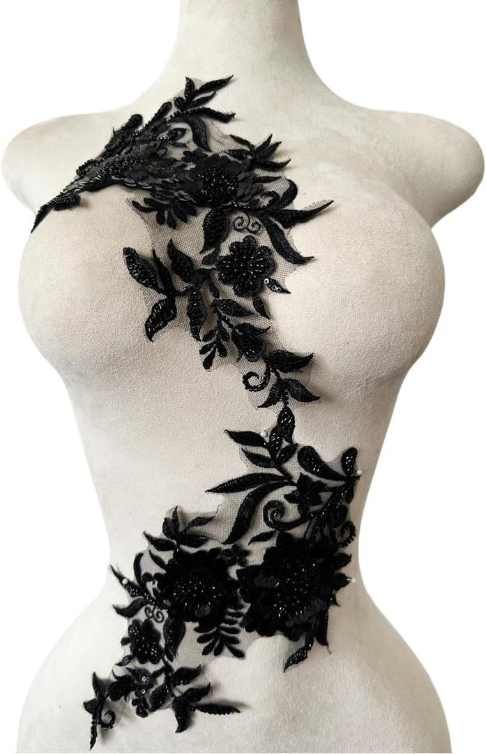 Sewing Beads lace Applique one Pair sew on Pearl Trimming Patch Decorative Accessories for Clothes 2pieces/Bag 11.8X7.08inches (Black)
