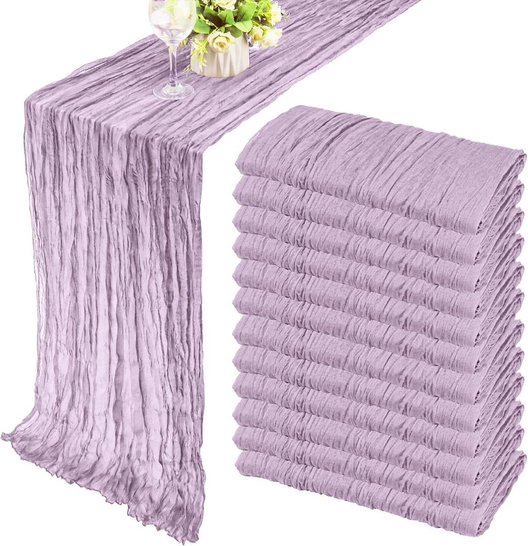 12 Pack Boho Gauze Table Runner - 35x72 Inch Rustic Cheese Cloth Long Runner for Wedding, Bridal Shower, Birthday Party Decor (Light Purple)