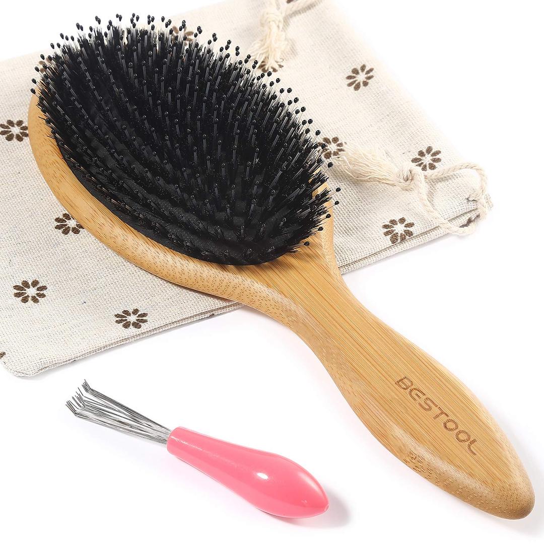 BESTOOL Hair Brush, Boar Bristle Hair Brushes for Women men Kid, Boar & Nylon Bristle Brush for Wet/Dry Hair Smoothing Massaging Detangling, Everyday Brush Enhance Shine & Health (Round) (Natural)