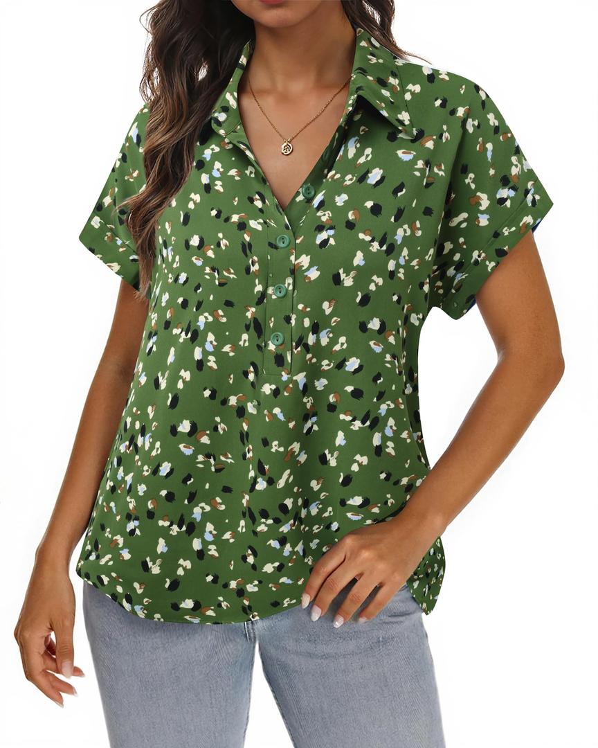 Bebonnie Formal Blouses for Women Elegant: Women's Button Down Shirts Short Sleeve - Wedding Blouses for Women Elegant - Bohemian Beach Vacation Dressy T Shirts Floral Chiffon Tunics Multi Green M (M)