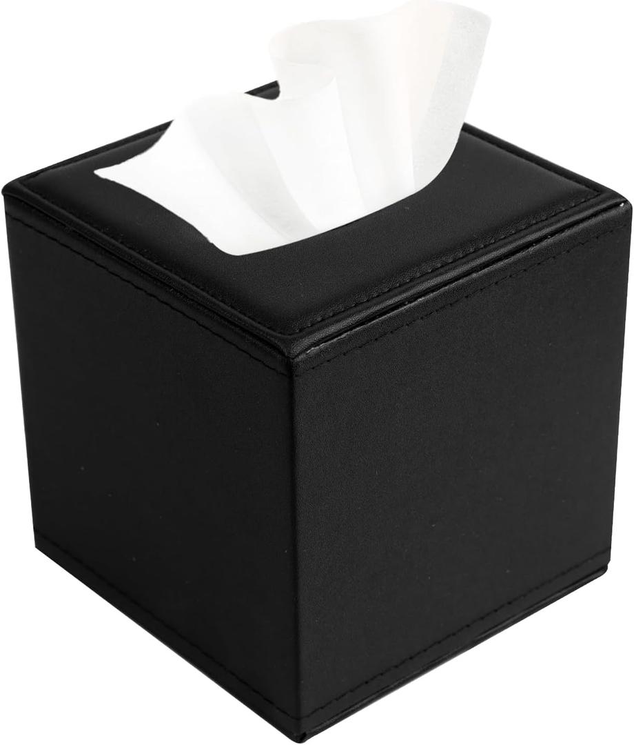 PU Leather Tissue Box Cover with Magnetic Closure,Square Tissue Box Holder with Magnetic Closure at The BottomUsed for Bathroom Vanity Countertop Night Stands Bedroom Office Desk and Offices-Black
