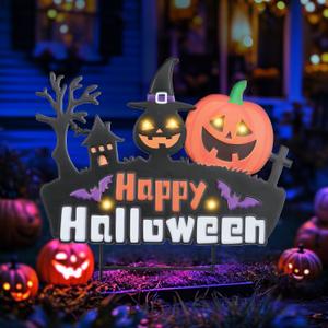 HPC Decor 17" H Halloween Decorations for Outdoor, Ghost Pumpkin Cute Decor Metal Garden Stakes, Lantern Yard Signs for Garden Lawn Patio Halloween Party