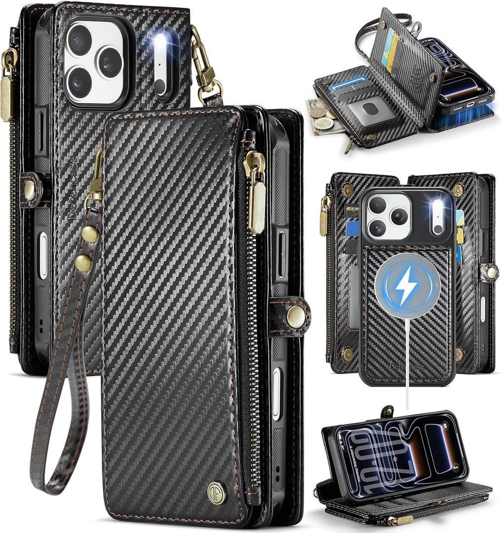 Defencase for iPhone 17 Pro Max Magnetic Wallet Case Compatible with Magsafe with RFID Blocking Zipper & Card Holder PU Leather Strap Detachable Case for iPhone 17 Pro Max 6.9", Carbon Fiber Black