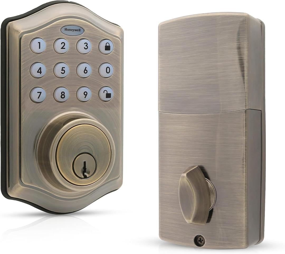 Honeywell Safes & Door Locks - Keyless Entry Door Lock with Smart Electronic Keypad Deadbolt - Easy Installation & 50 Different User Pin Codes - Auto Lock - Antique Brass - 2.9 x 2 x 6.2 in - 8712109