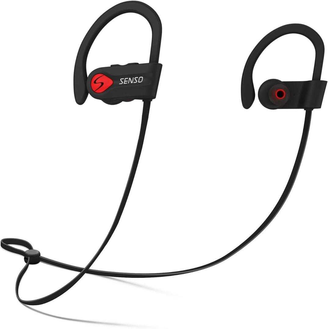 Senso Bluetooth Headphones, Best Wireless Sports Earphones w/Mic IPX7 Waterproof HD Stereo Sweatproof Earbuds for Gym Running Workout 8 Hour Battery Noise Cancelling Headsets (Black Red)