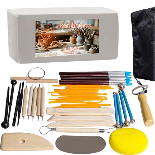 Air Dry Clay Kit 10 LBs + 42 Pcs Pottery Tools - Non-Toxic Organic Clay for Sculpting, Hand Modeling & Throwing, for Art Classes Ceramics Workshops (White)