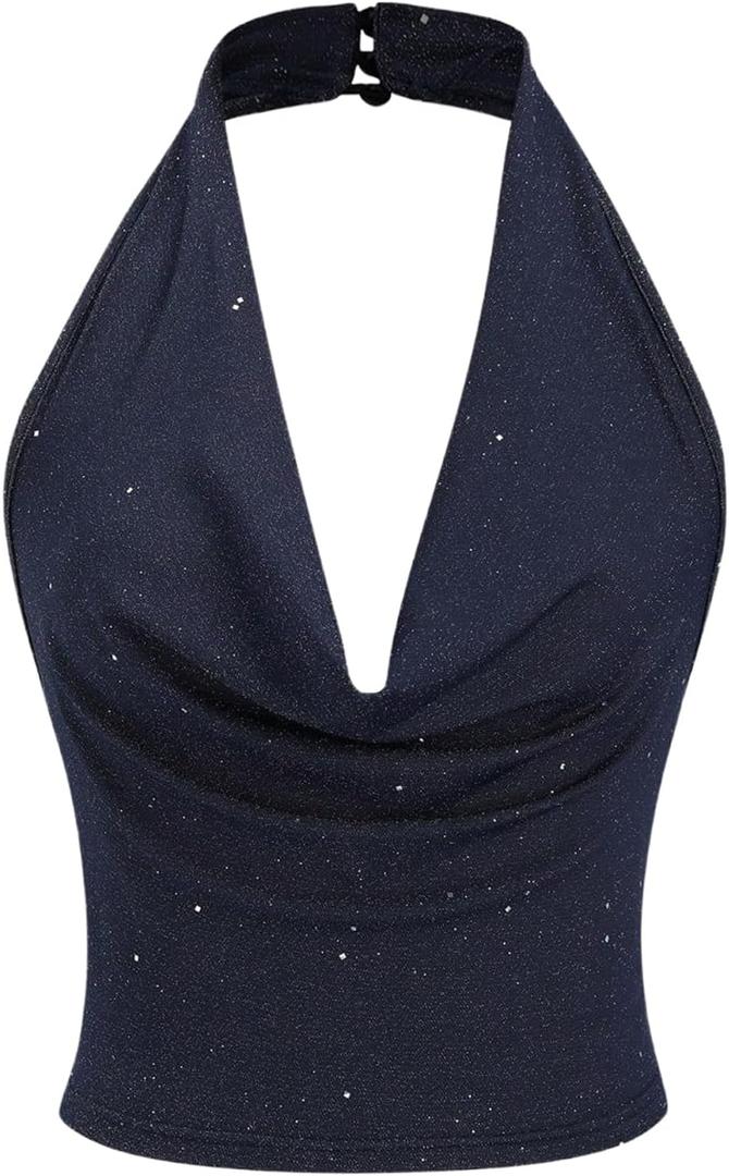 SOLY HUX Women's Halter Top Sparkly Sexy Backless Party Crop Tops Club Rave Festival Outfits Black (Large, Dark Blue)
