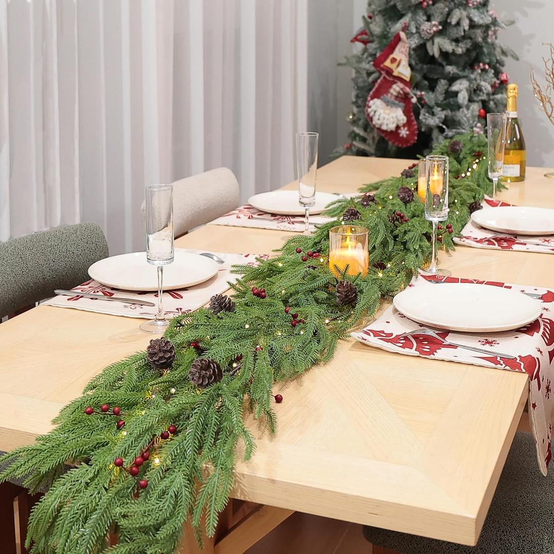 2 Pcs 6 Feet Christmas Garland - Real Touch Norfolk Pine Garland - Green Realistic Pine Garland for Table Mantel Indoor Outdoor Holiday Decor - Greenery Christmas Decorations - Free LED String Lights