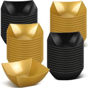 Tanlade 50 Pcs Square Plastic Serving Bowls Disposable Snack Salad Bowl Small Party Candy Bar Containers Taco Bar Serving Dishes for Buffet Chips Fruit (8 oz,Black, Gold)