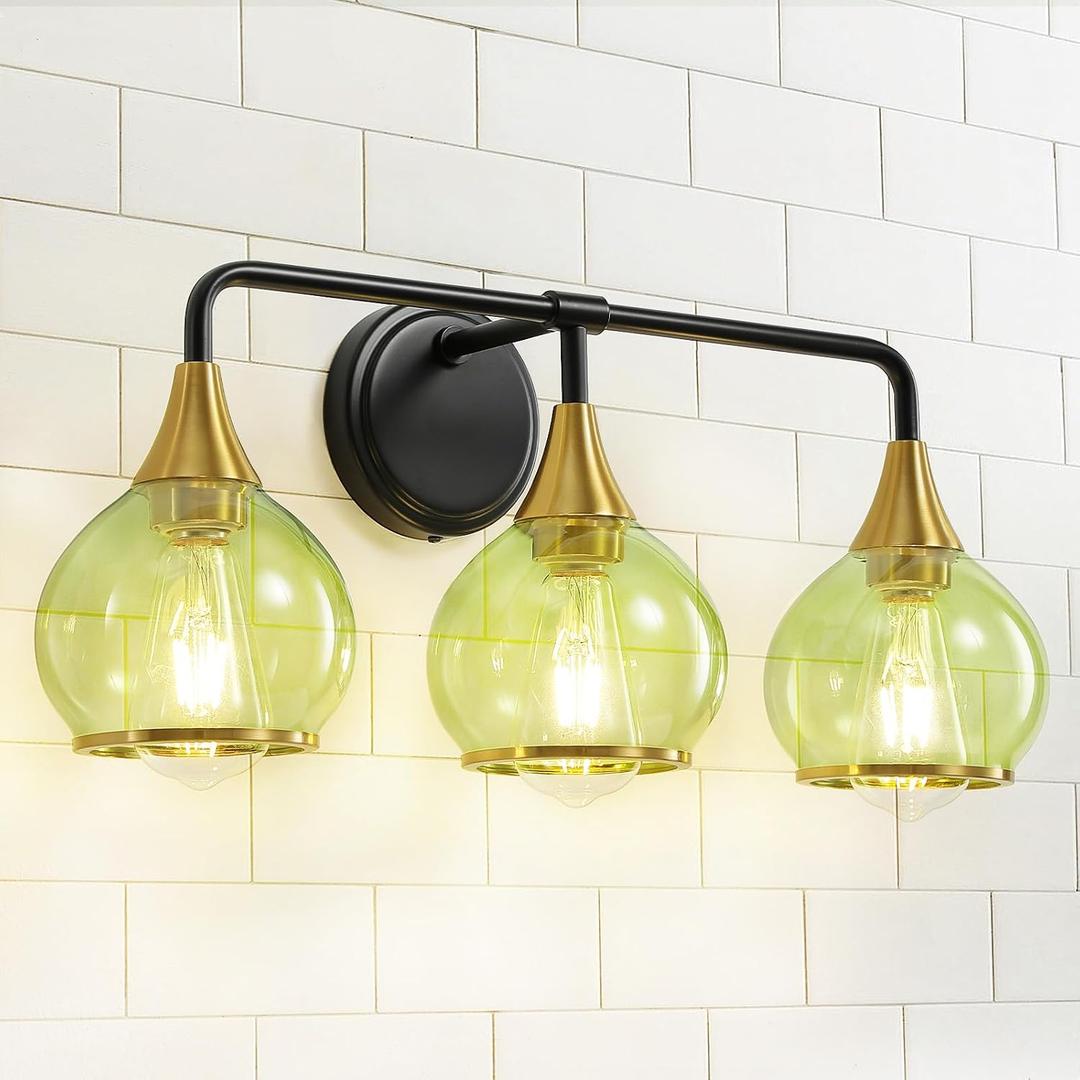 Black and Gold Bathroom Vanity Light 3-Lights Bathroom Light Fixtures Over Mirror with Green Clear Glass Shade 22.4 inch Wall Sconce Lighting Bath(Exclude E26 Bulb)