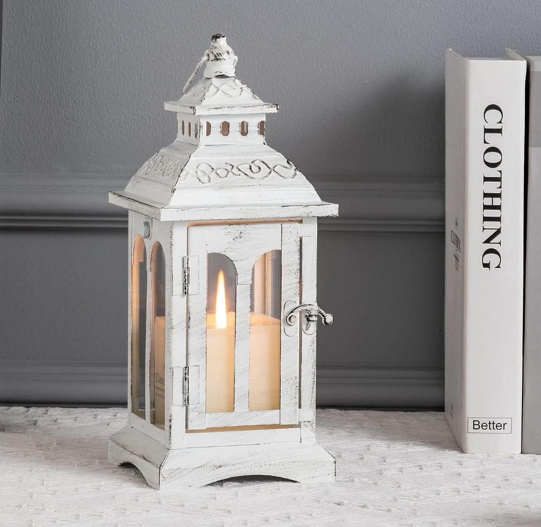 DECORKEY Lanterns Decorative Indoor & Outdoor, Medium Hanging Home Decor, Vintage Metal Decorative Candle Lanterns for Outdoor Patio Wedding Party White with Black Brush