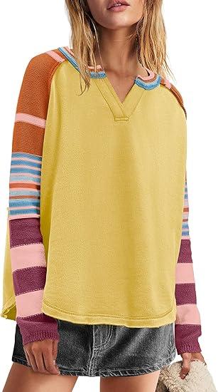 Panadila Womens Striped Long Sleeve Shirt Color Block Raglan Shirt V Neck Patchwork Pullover Tops Casual Cute Top S