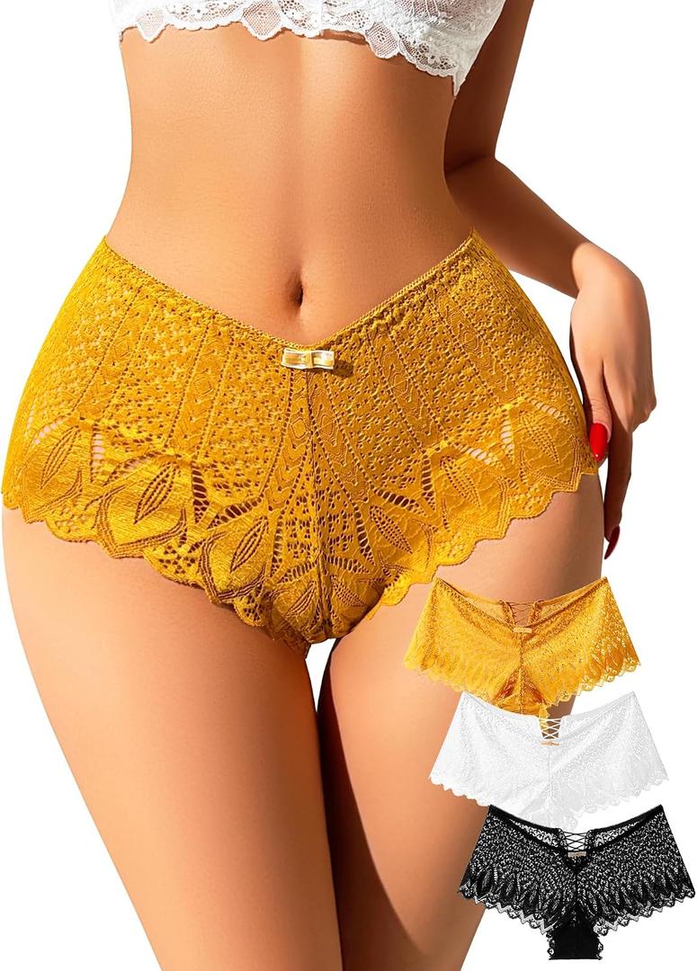 CULAYII Lace Underwear for Women Sexy Bikini Womens Underwear Breathable V-Cross Strap Panties for Women Pack (Yellow, M)