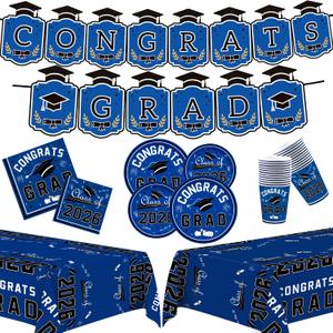 OHOME Graduation Decorations 2026 - Graduation Decorations Class of 2026 - Serve 24 - Blue Plates Tablecloth Napkins Cups Banner - Graduation Party Favors Supplies