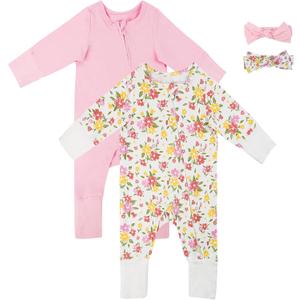 Satol Baby Girl Cotton Clothes, One-Piece Zip Front Footed, 2 Way Zipper Outfit Baby Clothes for Girls (6-9 Months, Pink)