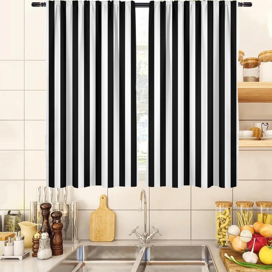 zokyer Black and White Kitchen Curtains Striped Simple Trendy Neutral Art Boys Men Teen Small Short 27.5" W x 39" L Window Treatment Tiers for Bedroom Living Room Bathroom 2 Panels Rod Pocket Drapes