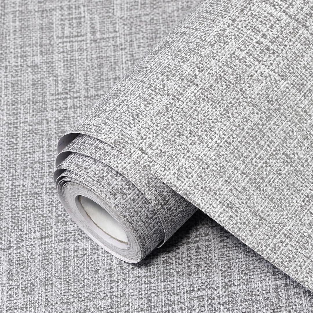 Grey Grasscloth Peel and Stick Wallpaper 17.3"x120" Faux Linen Textured Contact Paper Removable Self Adhesive Vinyl Wallpaper for Bedroom Bathroom Kitchen Cabinets (Gray)