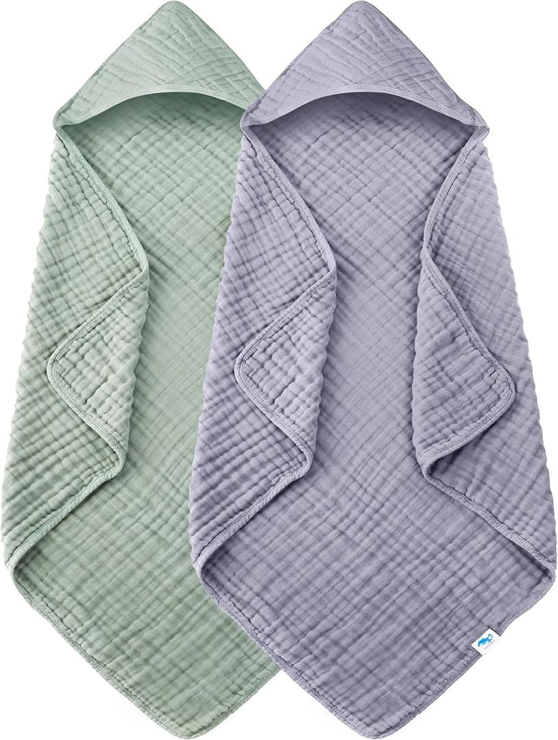 SWEET DOLPHIN Muslin Hooded Baby Bath Towels - 2 Pack 100% Cotton Towel for Babies, Infants, Toddlers - 32x32Inch - Highly Absorbent and Newborn Essential, Green and Grey