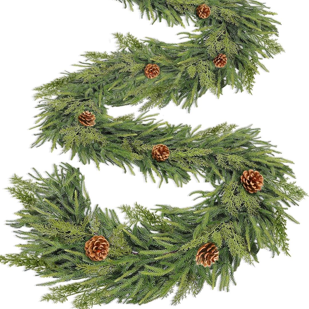Extra Thick&Lush-9 Ft by 10 Inch Real Touch Norfolk Pine Garland,Christmas Garland Artificial Realistic Soft Thickness Greenery Pine Cypress Pinecones Garlands for Mantle Fireplace Home Indoor Outdoor