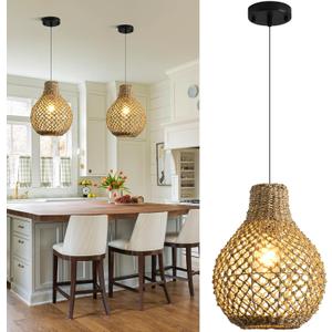2-Pack Rattan Pendant Light,11.03" Boho Hand Woven Coastal Wicker Hanging Lighting for Farmhouse Dining Room Kitchen Bedroom Hallway