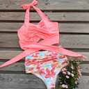 Women High Waisted Swimsuit Halter Triangle Bikini Mold Cup Swimwear Push Up Bathing Suit (Pink, L)