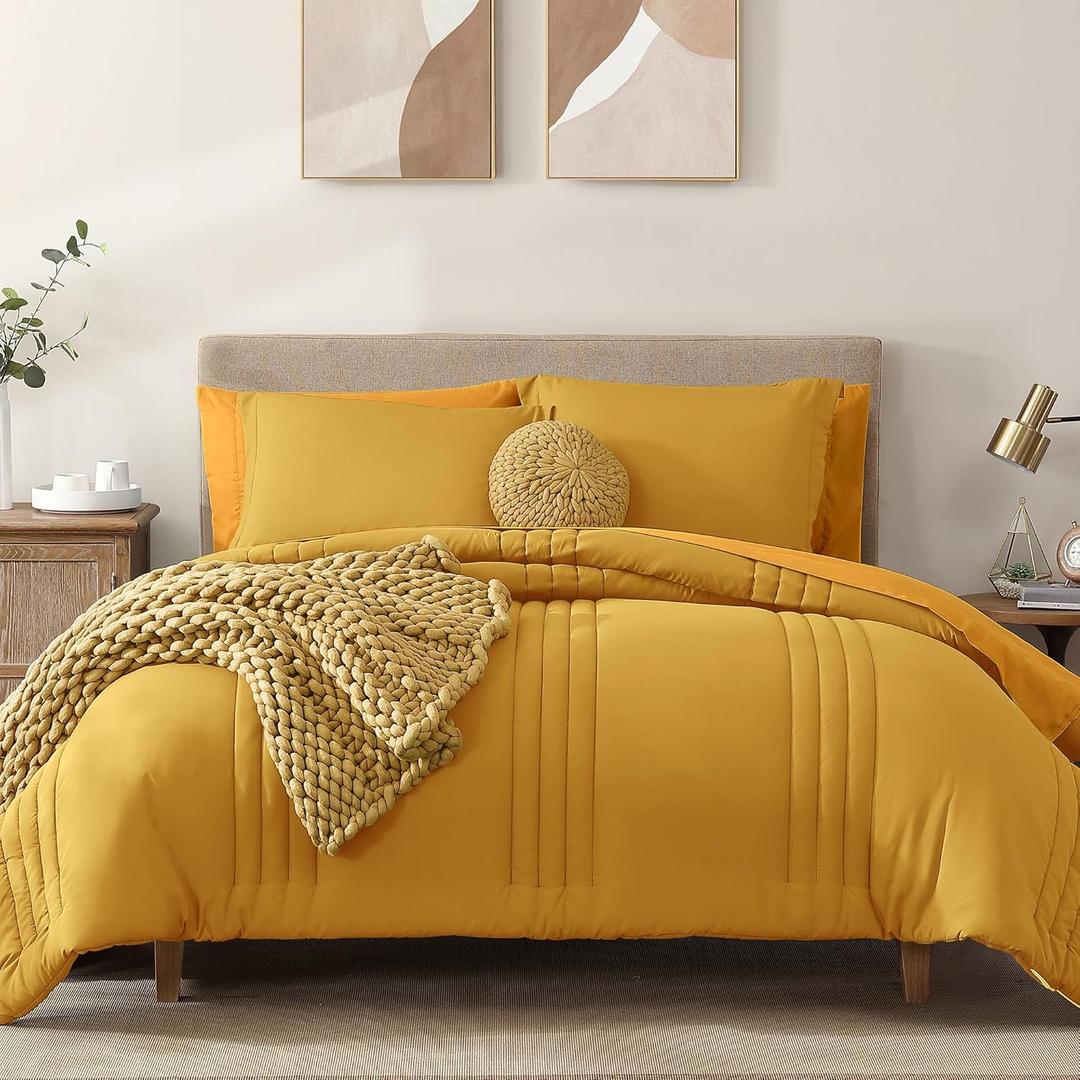 Monbix Queen Comforter Set - 7 Pieces Bright Yellow Bed in a Bag Queen Bedding Sets with Comforters, All Seasons Comforter Bed Set with Sheets,Pillowcases & Shams (Queen(90"X90"))