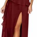 Women's Cold Shoulder Short Sleeve Split Thigh Boho Long Dress Beach Maxi Dress Summer Outfits (Large, Burgundy-1)