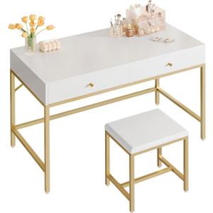 SUPERJARE 43-inch Modern White & Gold Desk - 2 Drawer Vanity, Computer & Home Office Study Desk for Writing & Bedroom, 43.3 inch