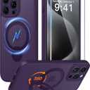 FNTCASE for iPhone 15 Pro-Max Case: [360 Spin Magnetic Stand] [Compatible with Magsafe] [Screen Protector] Translucent Matte Military Grade Shockproof Full Camera Protective Phone Cover - Purple