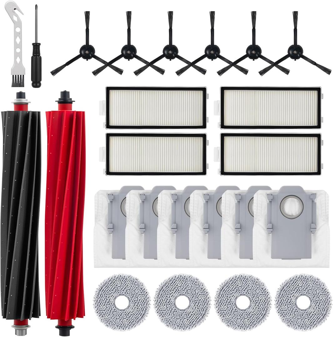 24 Pcs Accessories Kit Compatible with Roborock Qrevo Master/Qrevo Slim Robot Vacuum 2 Roller Brush 4 Mop Pads 4 Hepa Filters 6 Side Brushes 6 Vacuum Bags 1 Cleaning Brush 1 Screwdriver