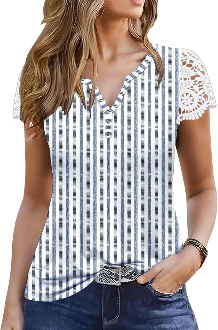 ETCYY Womens T Shirts Short Sleeve Spring 2026 Fashion Summer Tank Top V-Neck Button Down Floral Dressy Casual Blouses (Medium)