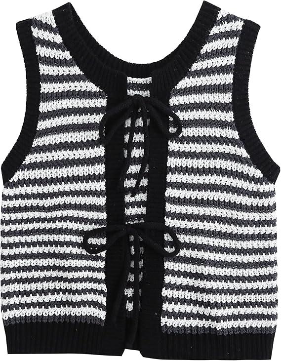 Tanou Sweater Vest for Women Casual Sleeveless Crew Neck Tie Crochet Color Block Vest Summer Knitted Tank Tops Black M