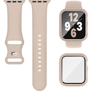 Compatible for Apple Watch Series 11 10 Band 46mm and Case with Screen Protector, Soft Silicone Sport Strap Bands and Protective Cover with Tempered Glass for iWatch Series 11 10 (Milk Tea)