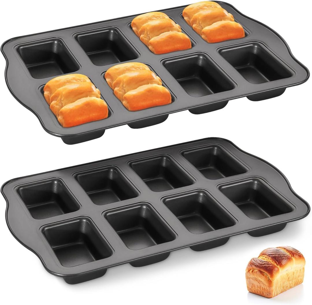 HONGBAKE 2 Pack Mini Loaf Baking Pans 8-Cavity, Nonstick Small Cornbread Pan, Tiny Banana Bread Pan Set, Heavy Duty Brownie TIn, Dark Grey 