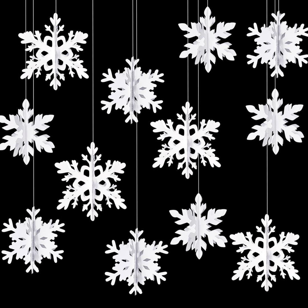 Snowflake Snow-White Christmas Party-Decorations Garland - 12Pcs 3D Winter Wonderland Frozen Hanging Streamers Banner,Baby Bridal Shower Birthday Wedding Classroom Decor Supplies Hugtmr