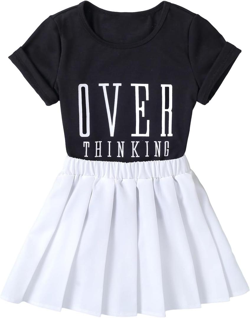 SOLY HUX Toddler Girl's 2 Piece Outfits Letter Print Short Sleeve Tee and Pleated Skirt Set (White)