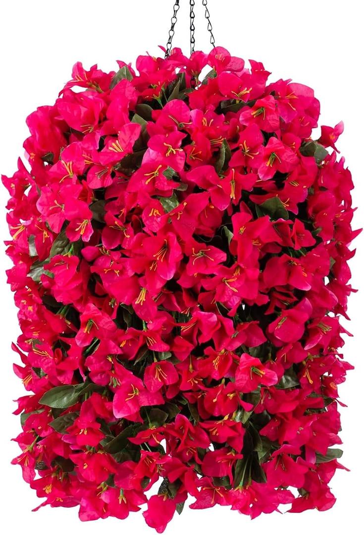 INSPRING Artificial Bougainvillea Faux Flowers Plants Baskets for Outdoor Outside Decoration, 3PCS Fake Silk Flowers Long Trailing Vines UV Resistant Realistic for Front Door Porch Patio (Hotpink)