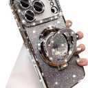 Changjia Glitter Kickstand Case for iPhone 17 Pro,Cute Luxury Bling Sparkly Diamond Rhinestone with Camera Lens Protector Liquid Flowing Ring Stand TPU Bumper Women Girls Case for iPhone 17 Pro,Silver