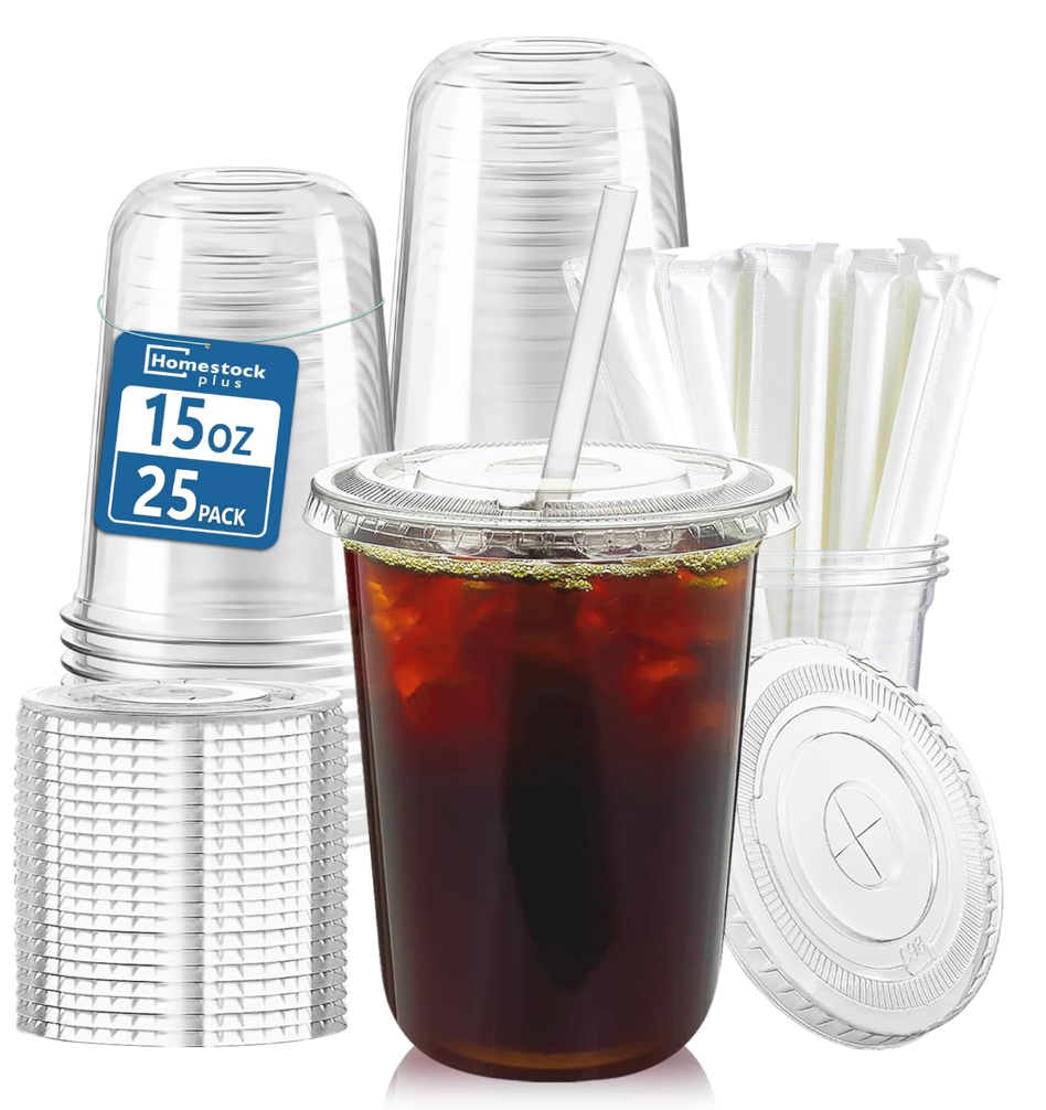 Homestockplus 25 Pack 15 oz BPAFree Clear Plastic Cups with Strawless Sip Lids  LeakProof Round Bottom Disposable Iced Coffee Cups for Kids, ToGo Cold Drinks, Ideal for Small Parties & Daily Use