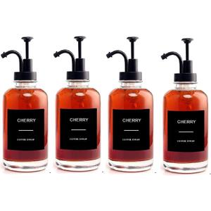 Coffee Bar Accessories Coffee Syrup Dispenser with Labels,500ML Glass Dispenser Syrup Pump Dispenser(4pc Black)