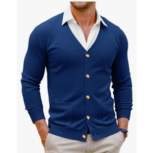 Runcati Mens Cardigan Sweater V Neck Button Down Sweaters Long Sleeve Lightweight Fall Knit Outwear with Pockets size Small, Blue 