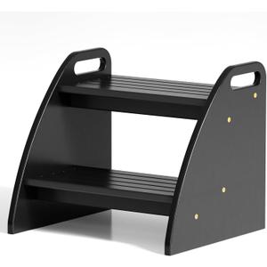 Bamboo 2 Step Stool 300lbs Capacity, Wooden Two Step Stool with Non-Slip Handles, Heavy Duty Stepping Stool for Bedside High Beds Adults, Sturdy Small Bathroom Kitchen Black Step Stool