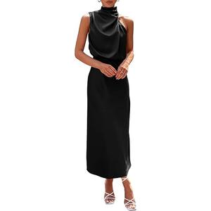 Women's 2025 Summer Satin Dress Elegant Sleeveless Mock Neck Cocktail Party Maxi Dresses, Black L