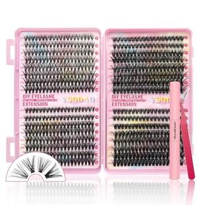 DIY Lash Clusters Kit, 640 Pcs Lash Extension Kit 9-16mm Individual Lashes D Curl Fluffy Wispy False Eyelashes with Lash Bond and Seal, Lash Tweezers for Self Use (30D&40D&50D&60D, 0.07D, 9-16mm, Kit)