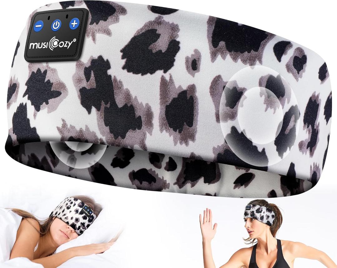 MUSICOZY Sleep Headphones Bluetooth 5.4 Headband, Wireless Earphones Music Sleep Earbuds Sleeping Eye Mask with HD Stereo Speakers for Workout Running Travel Yoga, Ideal Gifts for Women Men (Beige Leopard)